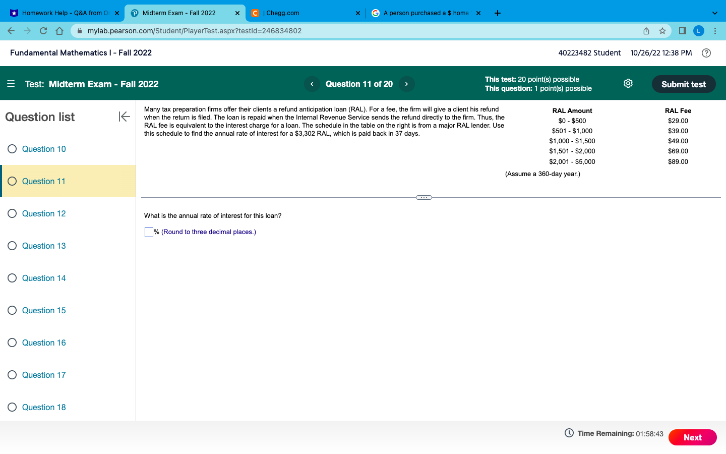 Fall 2022 40223482 Student 10/26/22 12:38 PM @ E Test: Midterm Exam