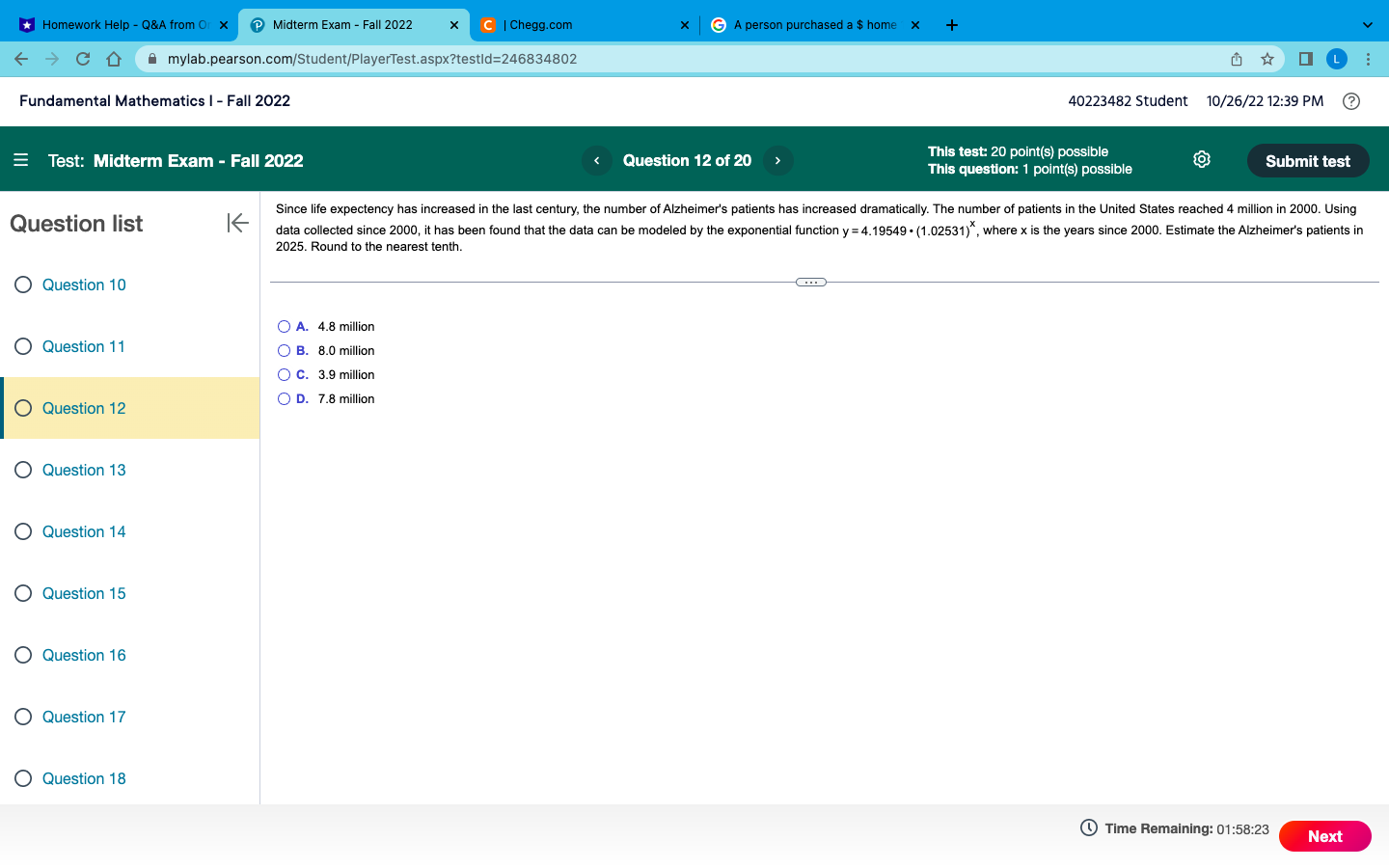 - Fall 2022 Question 11 of 20 This test: 20 point(s) possible