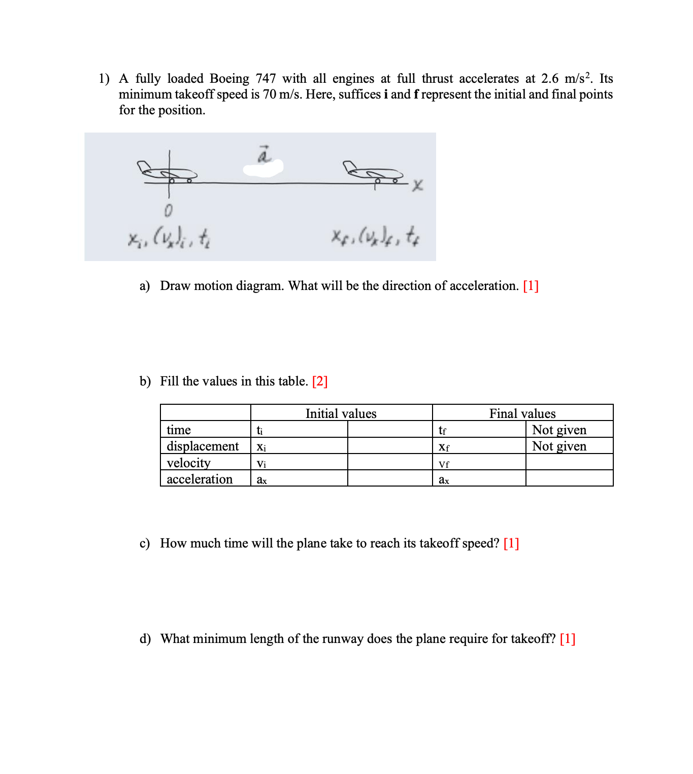 the initial and final points for the position. 0 a) Draw motion