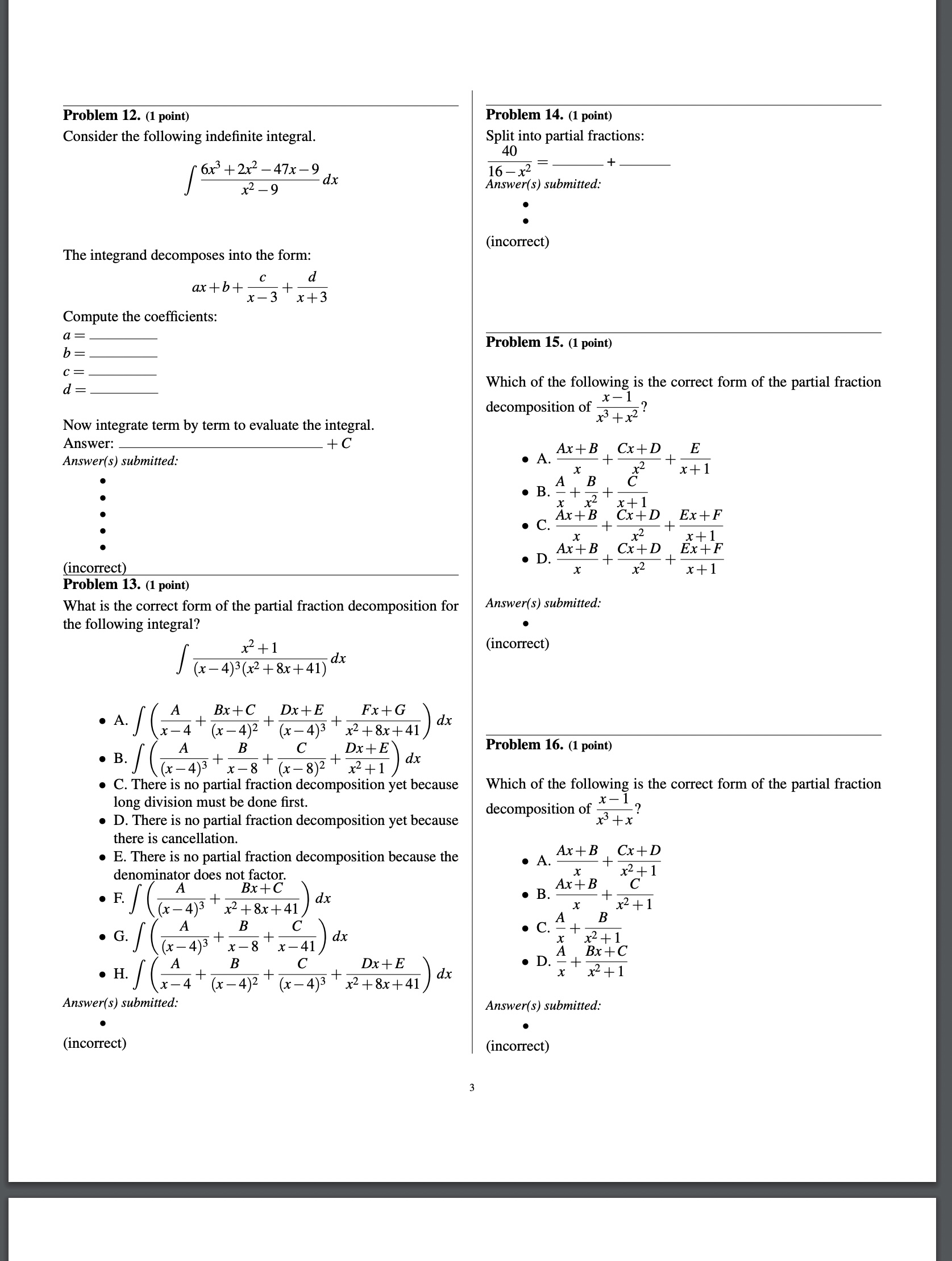  Problem 12. (1 point) Problem 14. (1 point) Consider the following