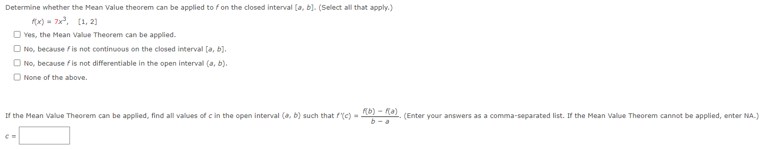  Determine whether the Mean Value theorem can be applied to f