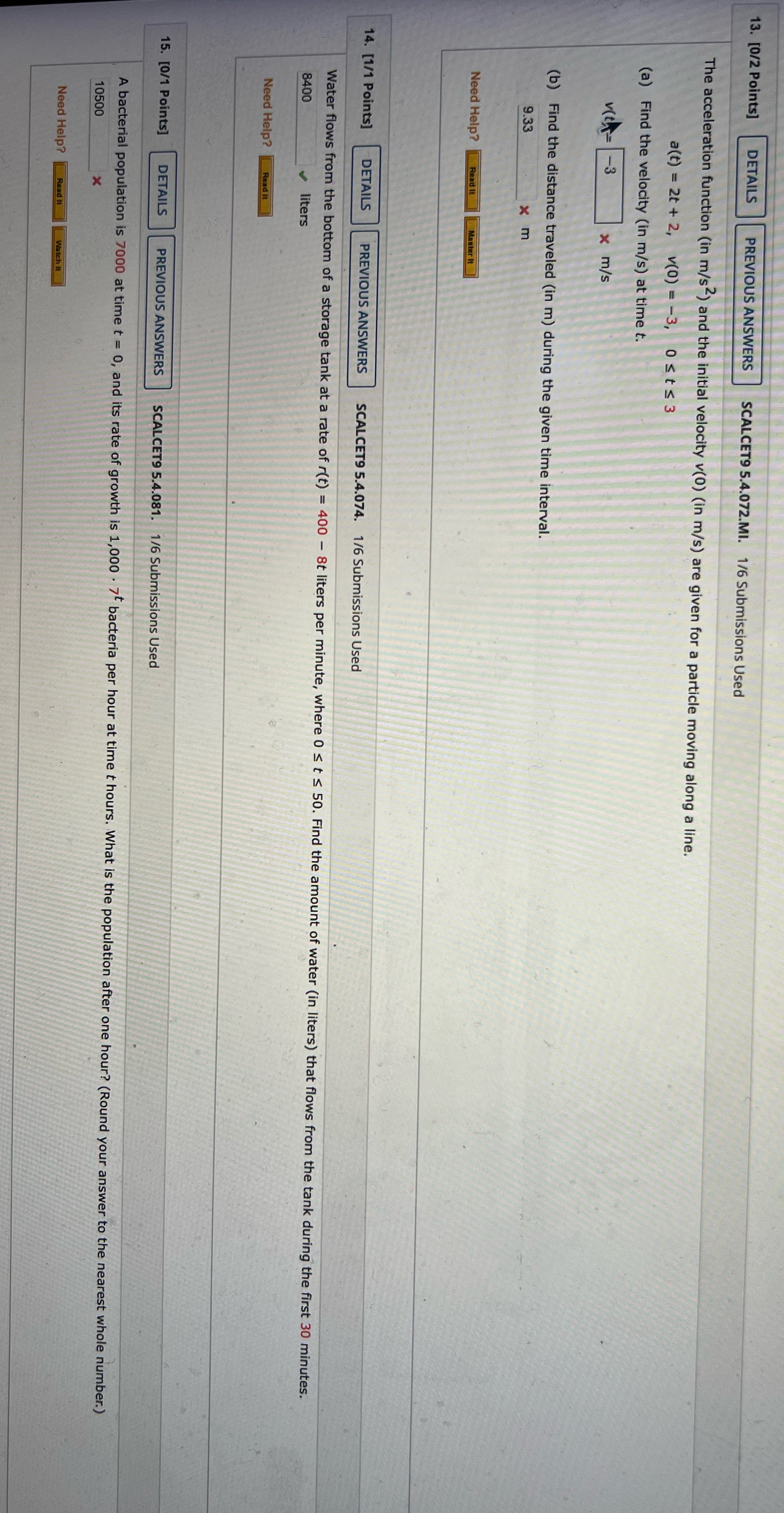 SCALCET9 5.4.072.MI. 1/6 Submissions Used The acceleration function (in m/s2) and the