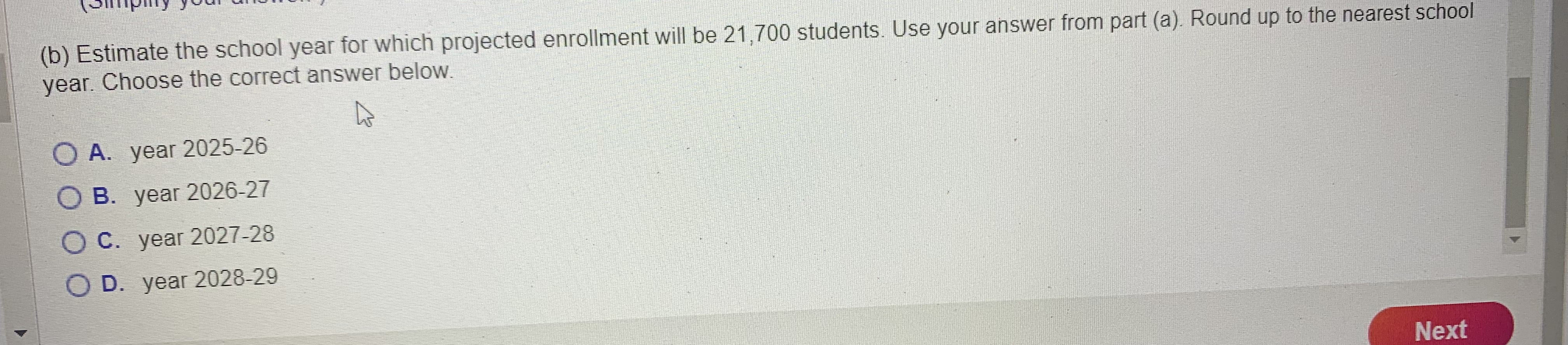 exponential function that gives the projected enrollment y in school year x.