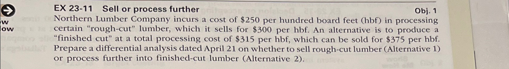 incurs a cost of $250 per hundred board feet (hbf) in processing