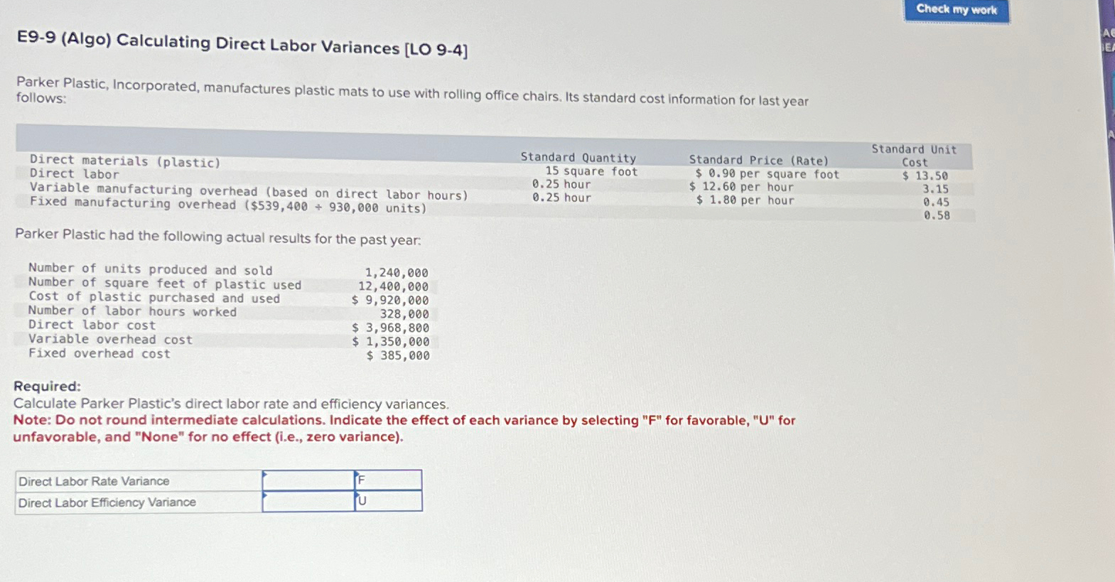  E9-9(Algo) Calculating Direct Labor Variances [LO 9-4] Parker Plastic, Incorporated, manufactures