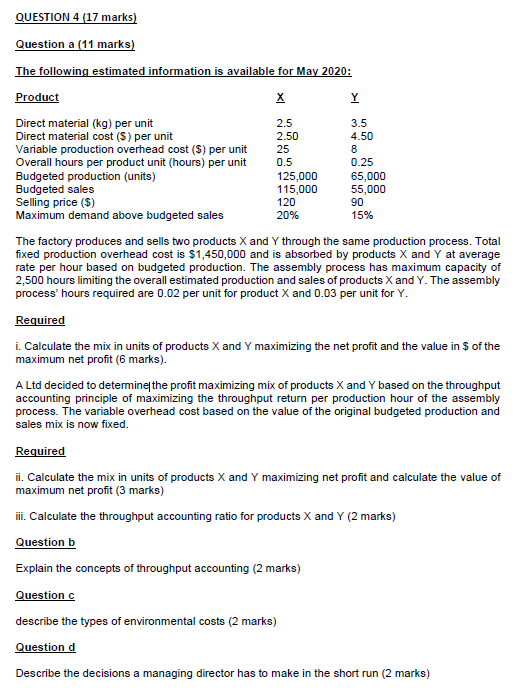 QUESTION 4(17 marks) Question a (11 marks) The following estimated information