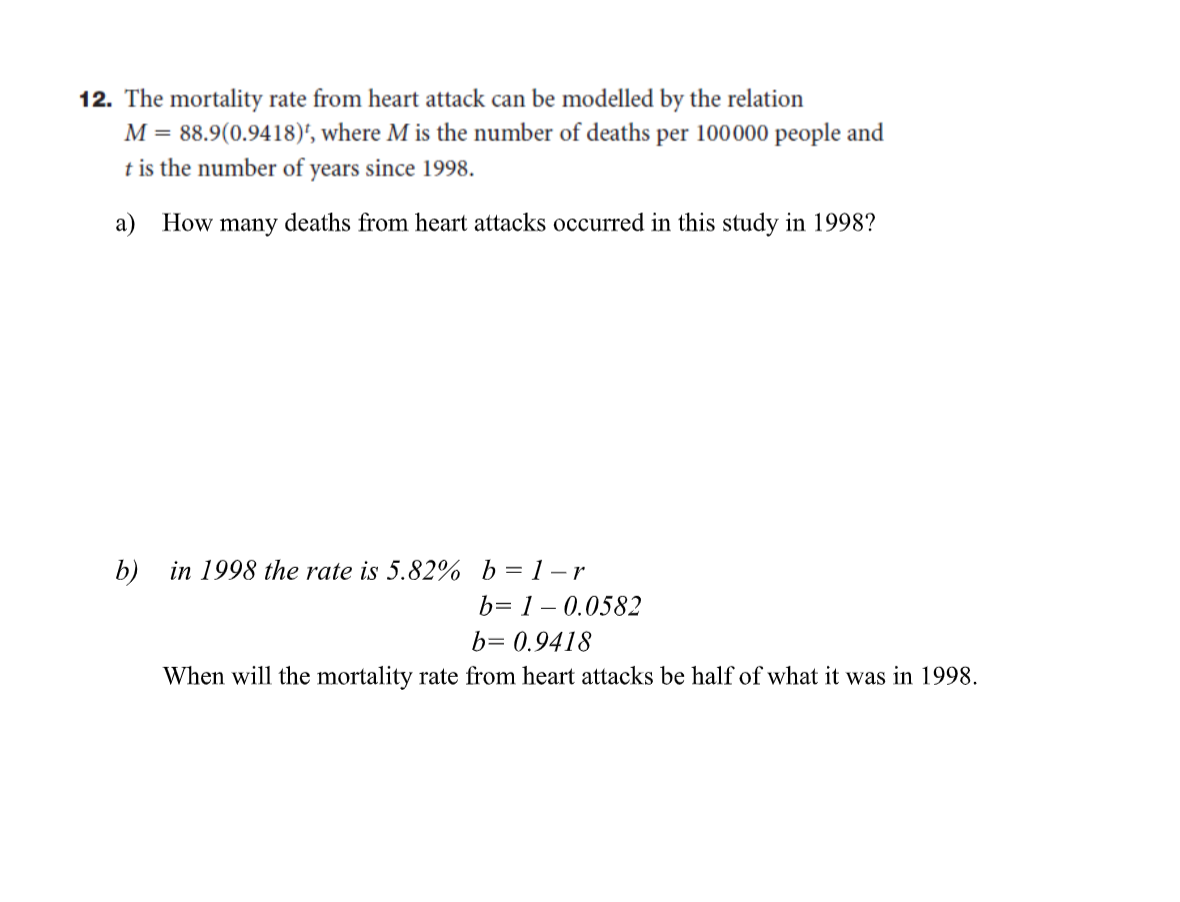 the relation M = 88.9(0.9418)', where M is the number of deaths