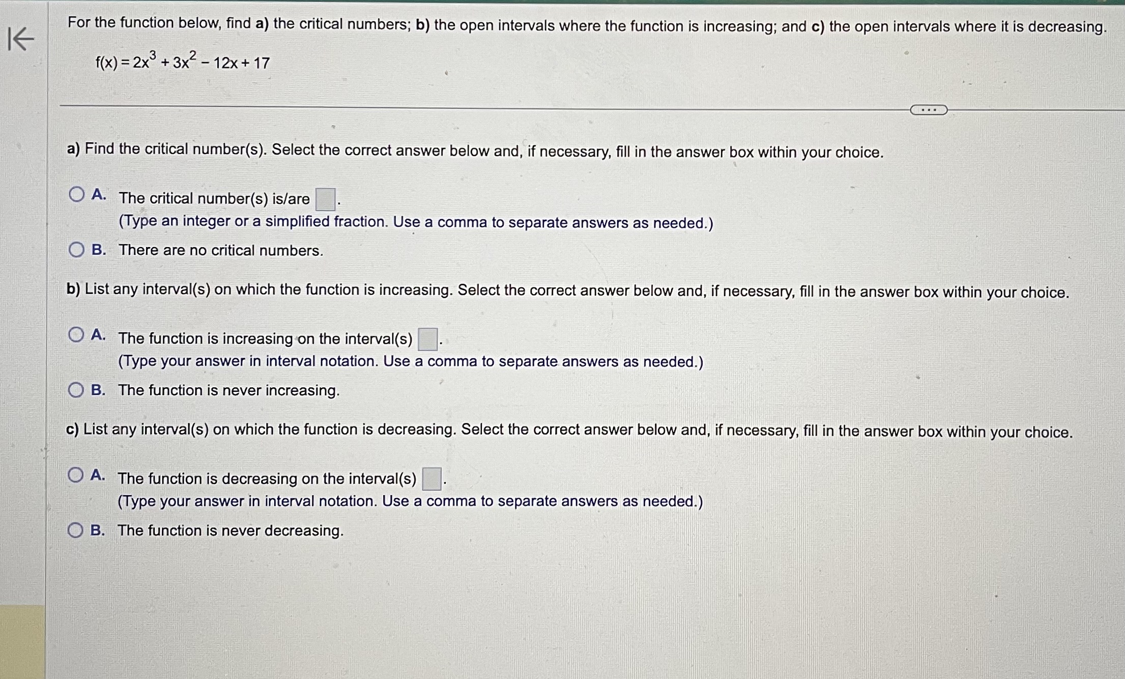 - 12x + 17 a) Find the critical number(s). Select the correct