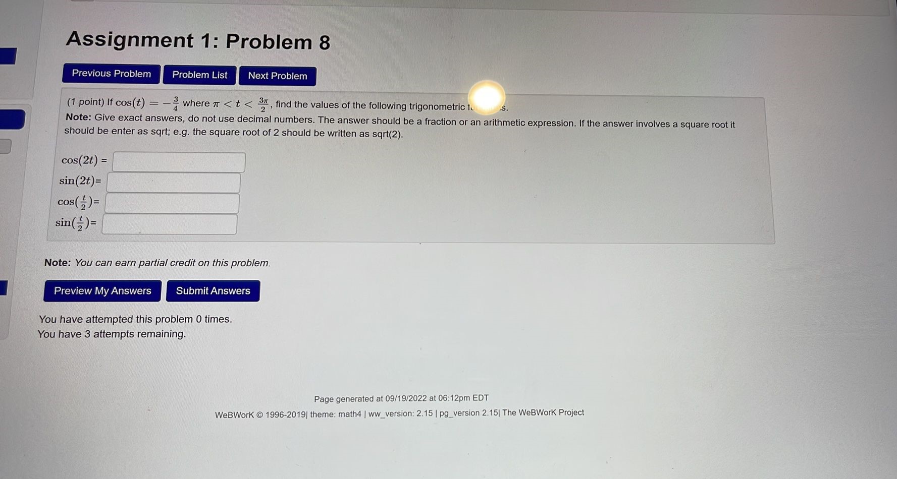  Assignment 1: Problem 8 Previous Problem Problem List Next Problem (1
