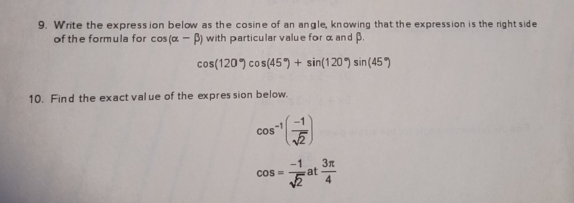 side of the formula for cos (a - B) with particular value
