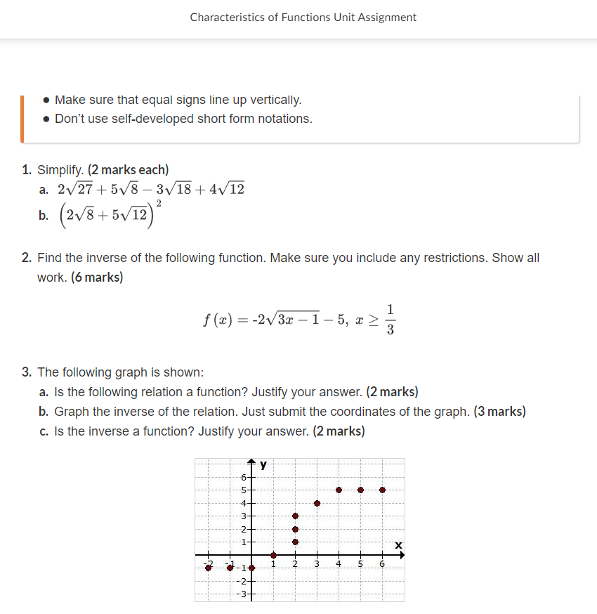  Characteristics of Functions Unit Assignment . Make sure that equal signs