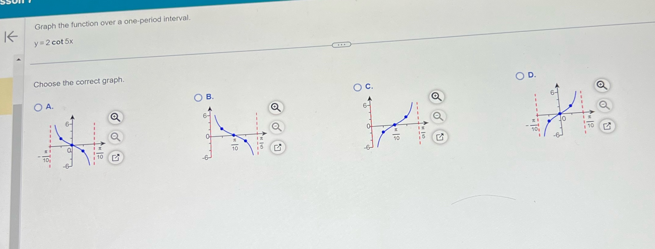  Graph the function over a one-period interval. y = 2 cot