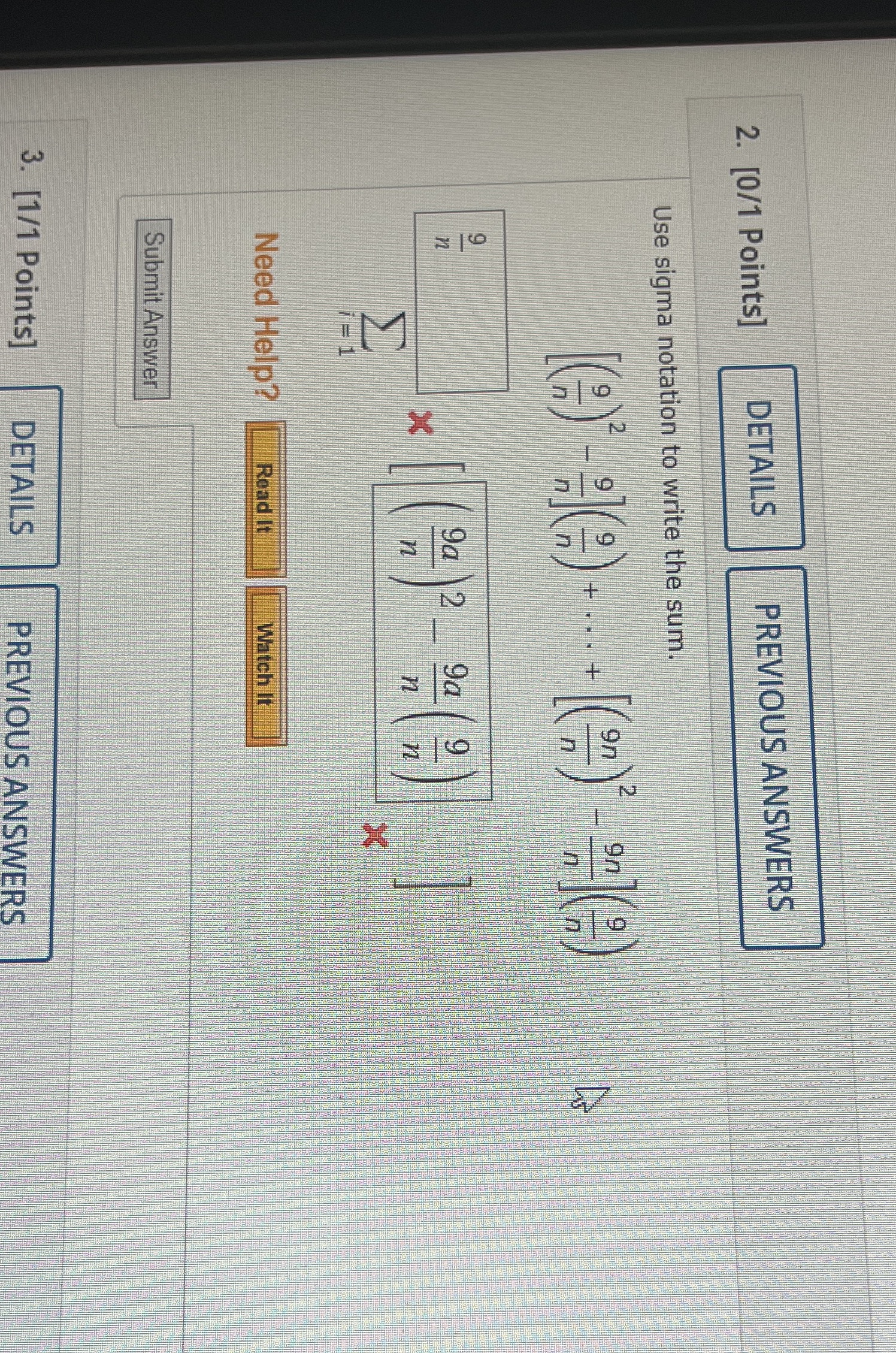  2. [0/1 Points] DETAILS PREVIOUS ANSWERS Use sigma notation to write