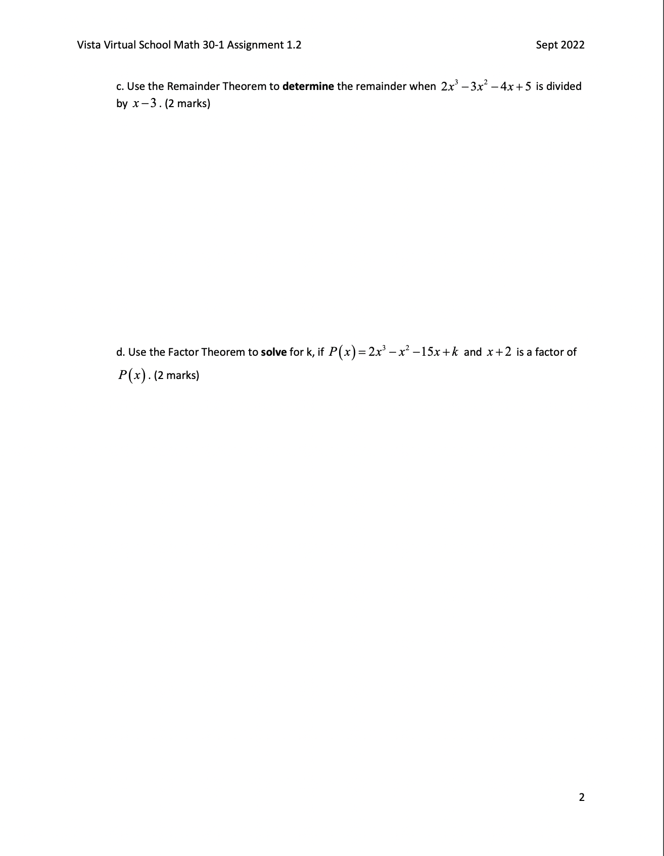 Theorem to solve for k, if P(x) = 2x3 -x2 -15x +k