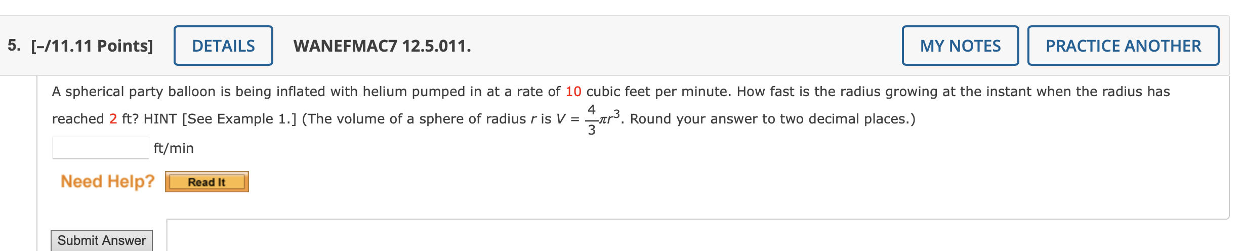  5. [-/11.11 Points] DETAILS WANEFMAC7 12.5.011. MY NOTES PRACTICE ANOTHER A