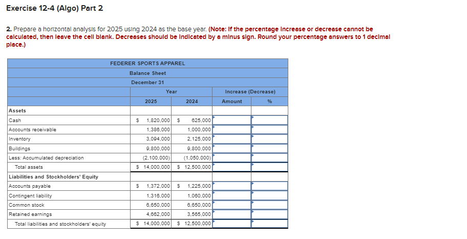 !Exercise 12-4(Algo) Part 2 2. Prepare a horizontal analysis for 2025