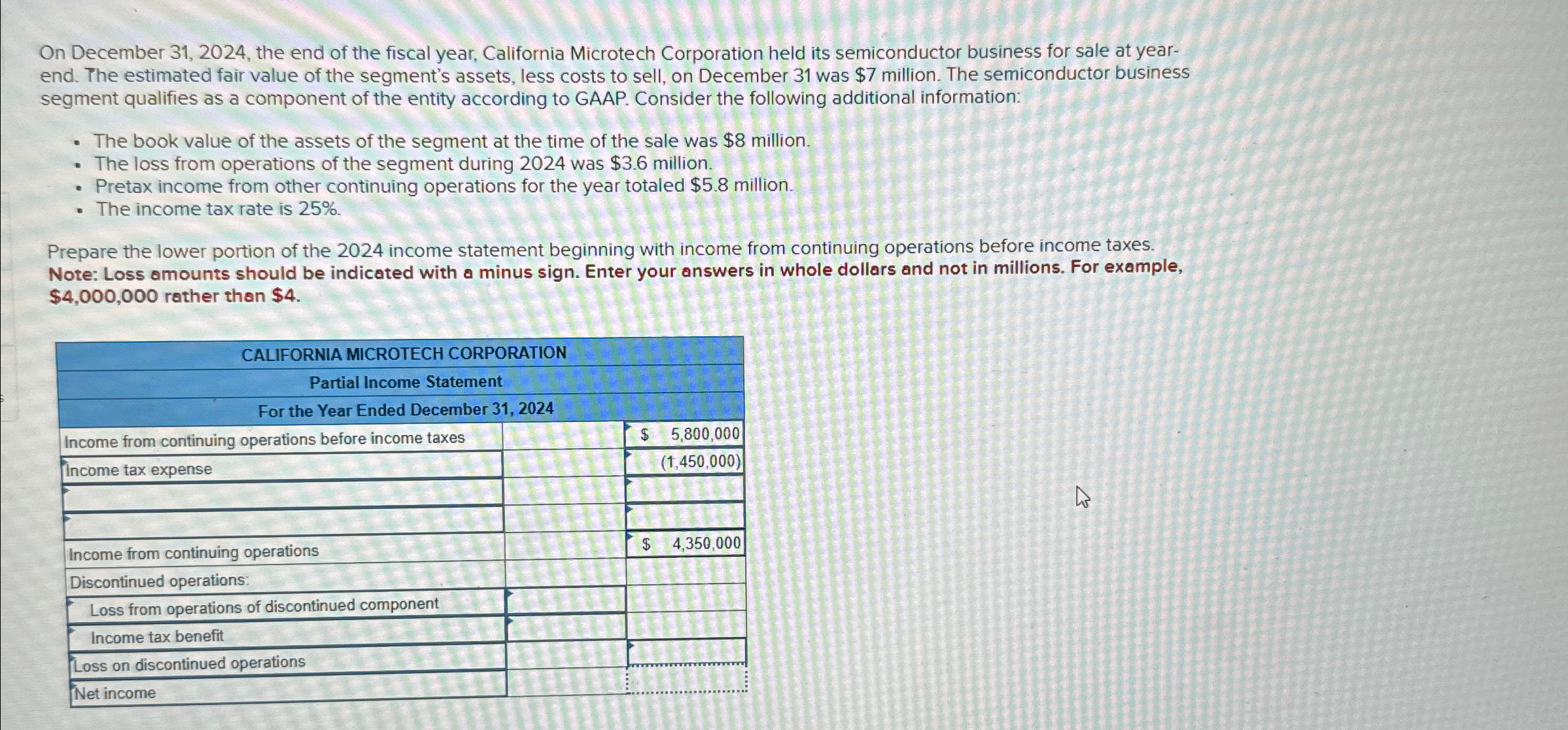 Corporation held its semiconductor business for sale at yearend. The estimated fair