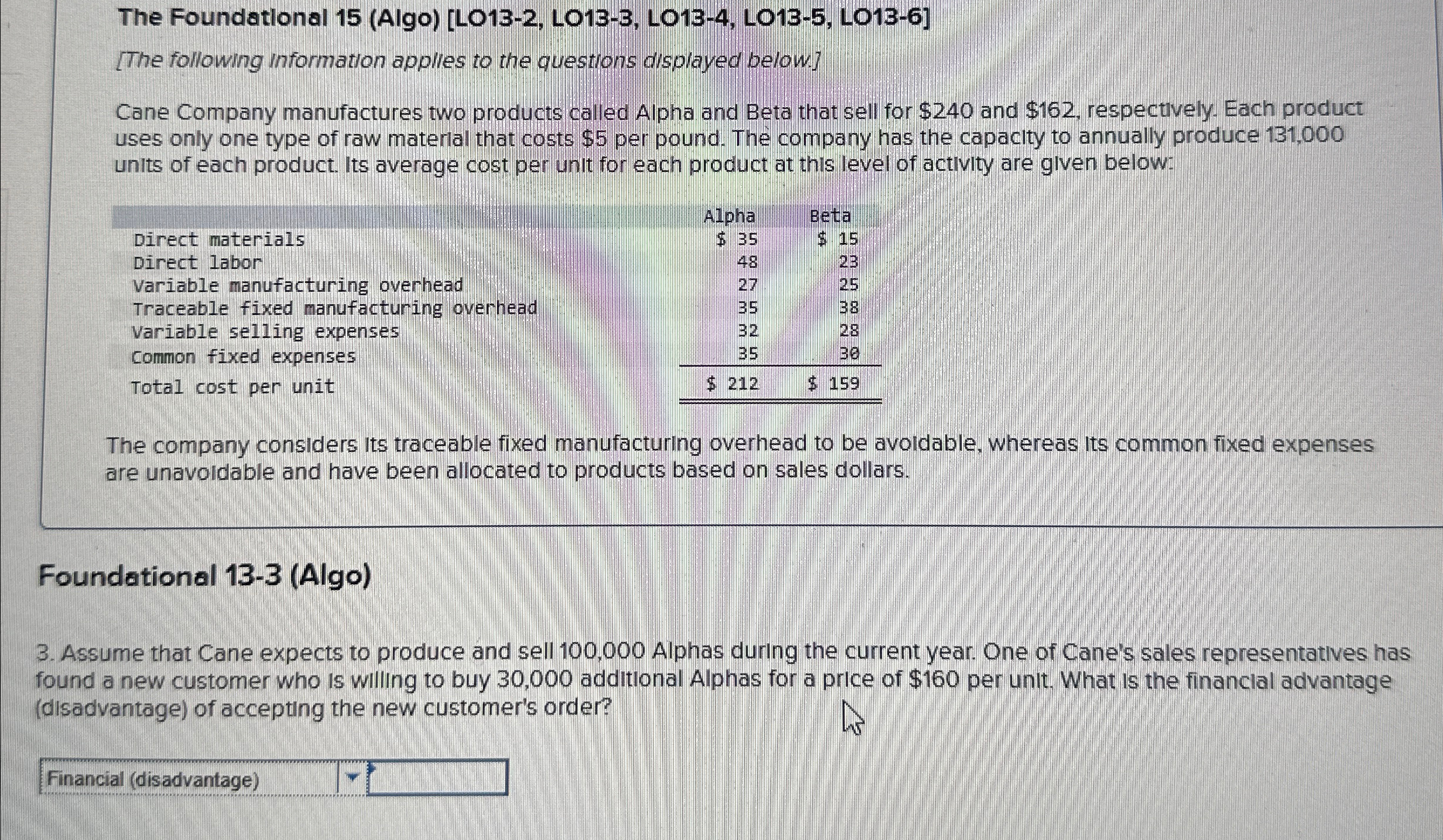 to the questions displayed below.] Cane Company manufactures two products called Alpha