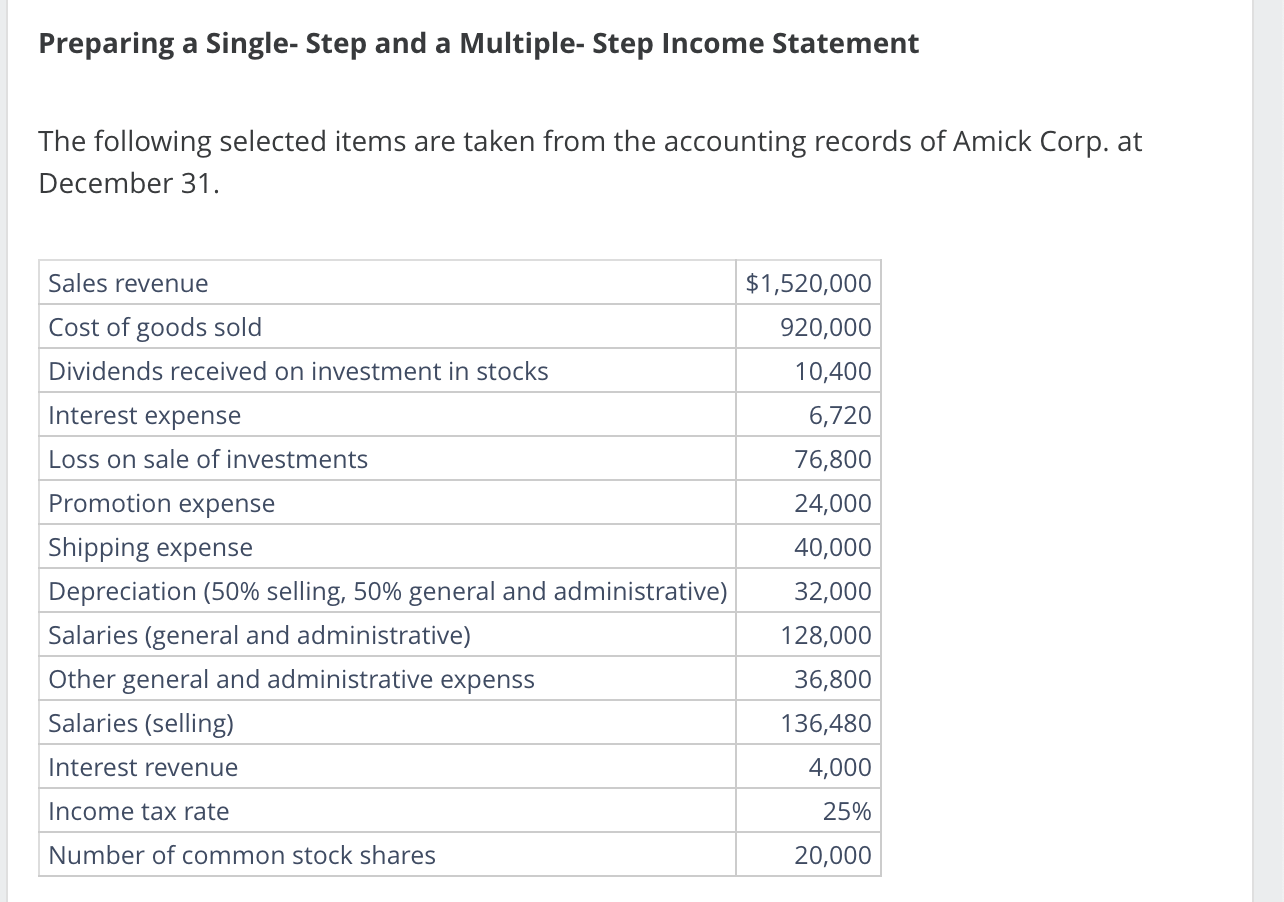 Preparing a Single- Step and a Multiple- Step Income Statement Amick