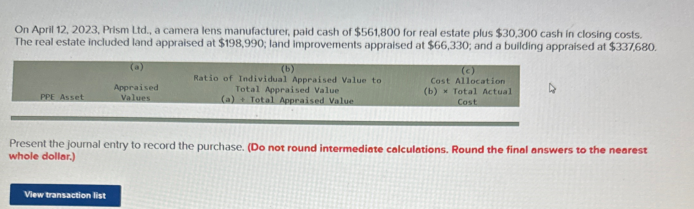 of $561,800 for real estate plus $30,300 cash in closing costs. The