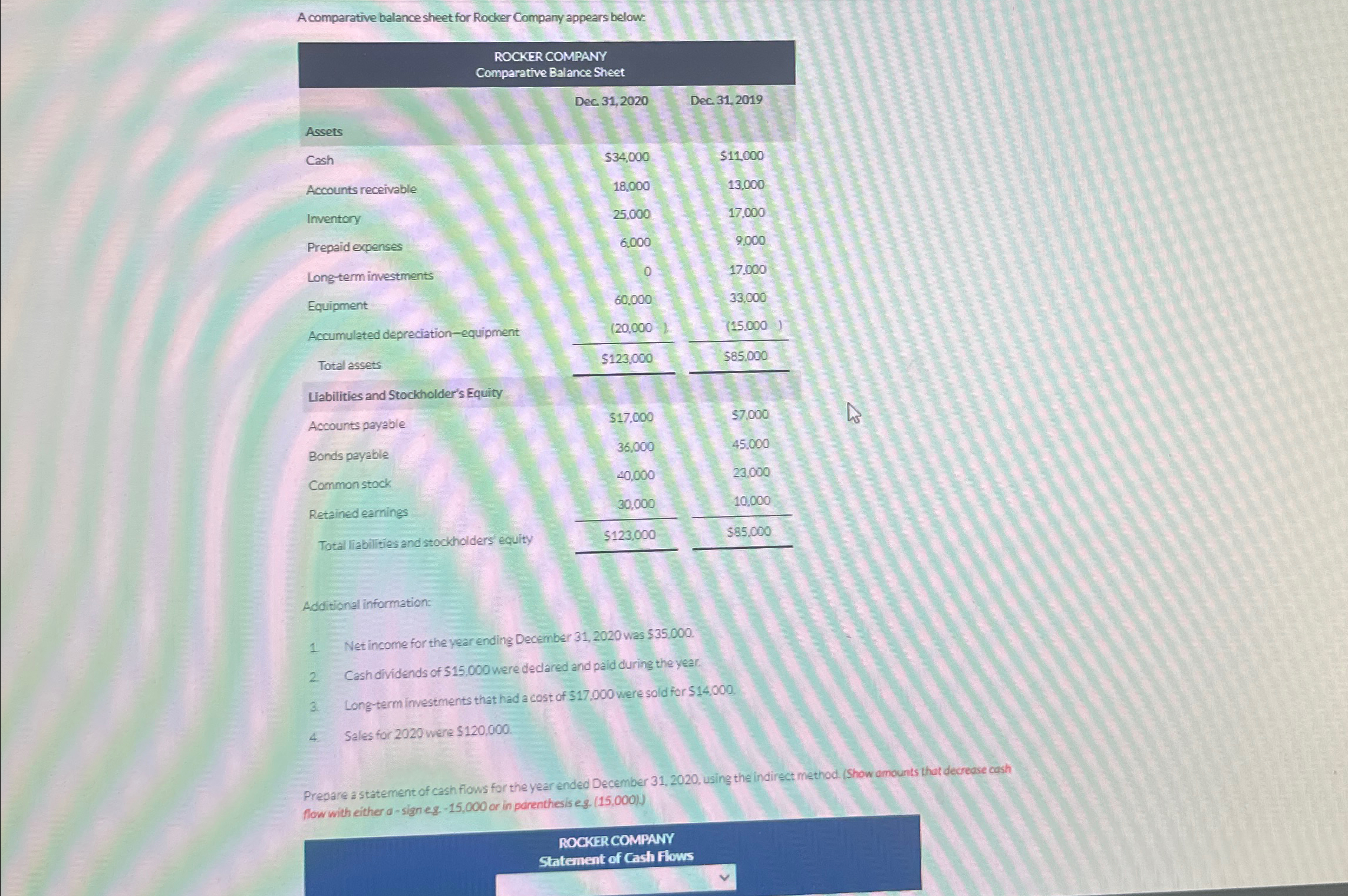  A comparative balance sheet for Rocker Company appears below: \table[[\table[[ROCKER COMPANY],[Comparetive