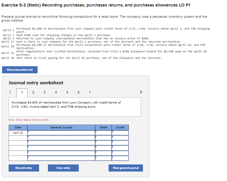  Exerclse 5-3(Static) Recording purchases, purchases returns, and purchases allowances LO P1