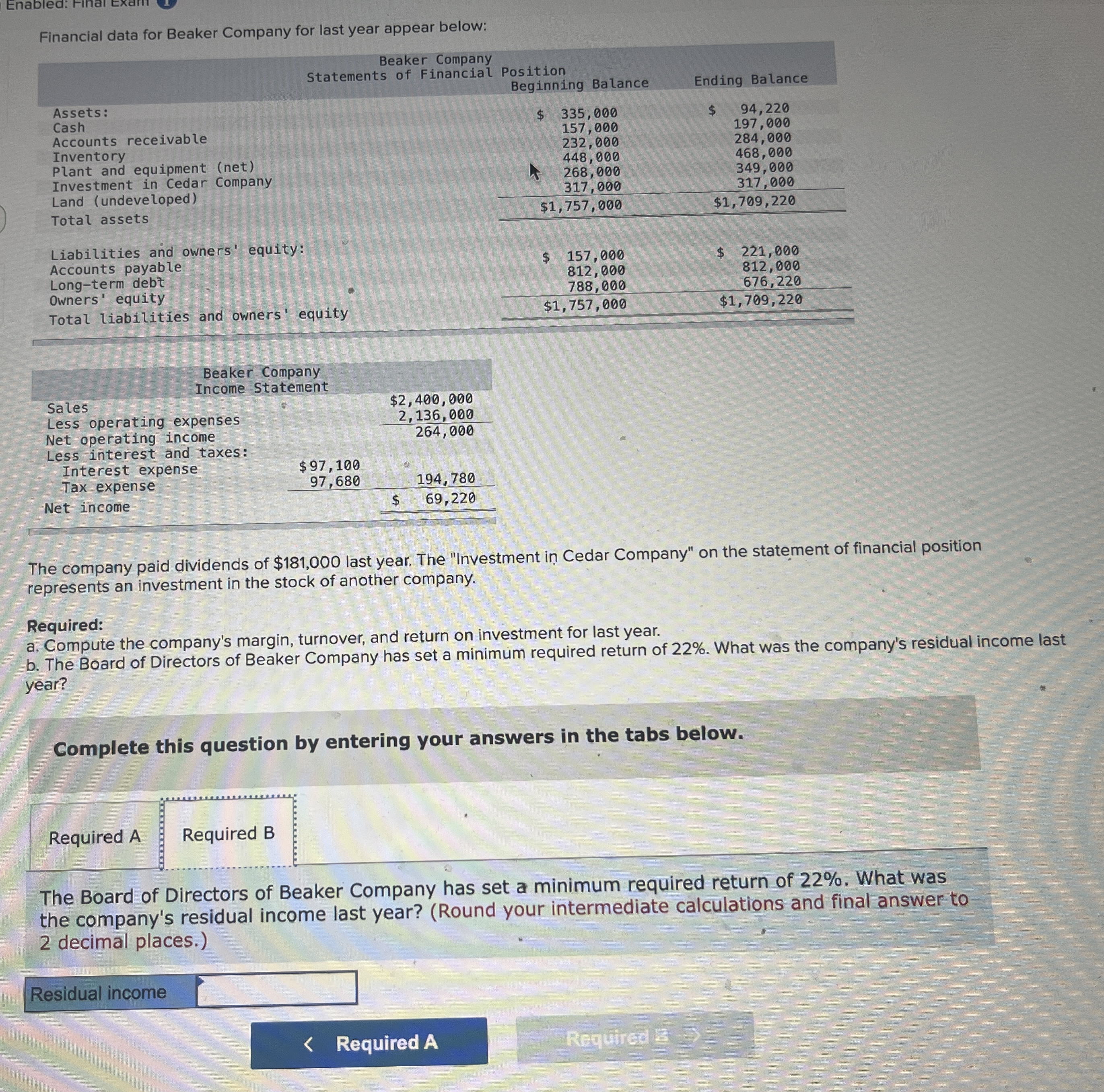  Financial data for Beaker Company for last year appear below: The