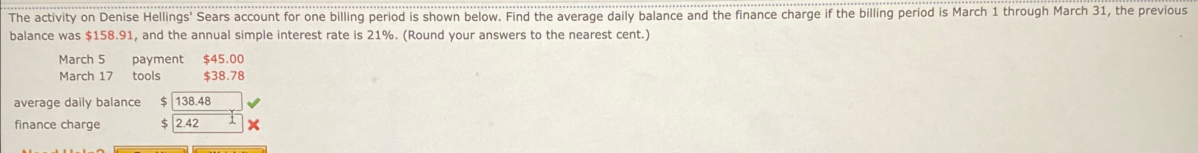  The activity on Denise Hellings' Sears account for one billing period
