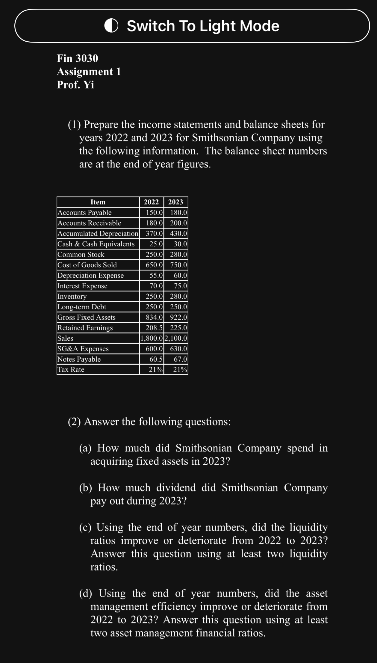 Prepare the income statements and balance sheets for years 2022 and 2023