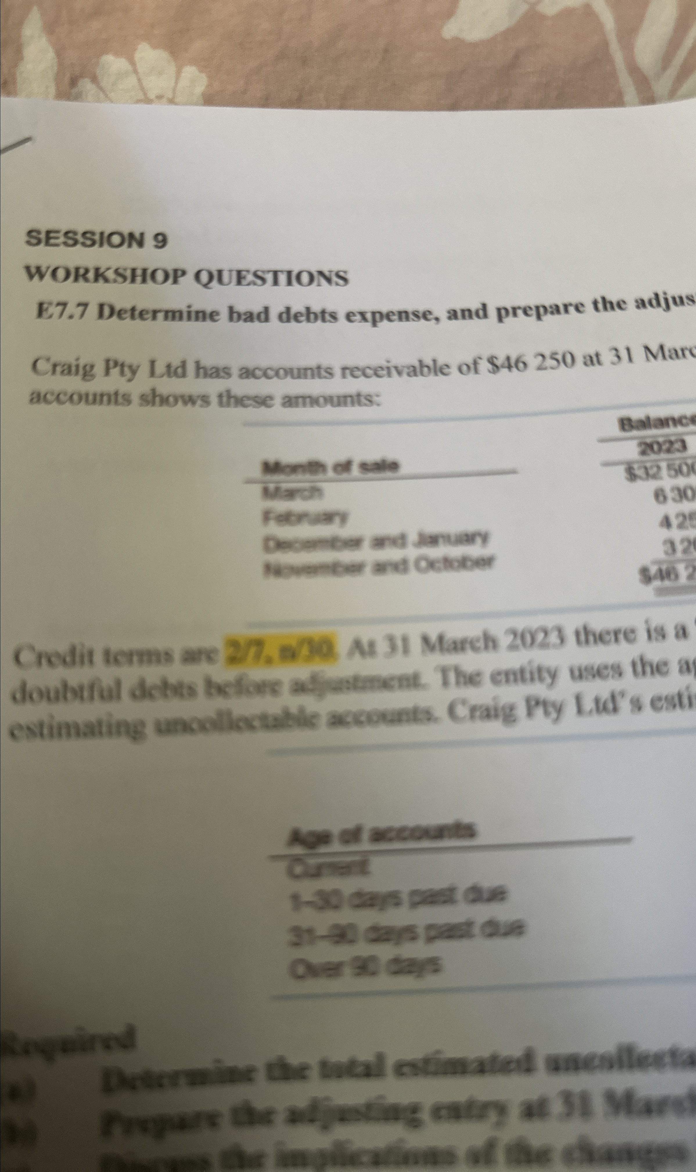 the adjus Craig Pty Ltd has accounts receivable of $46250 at 31