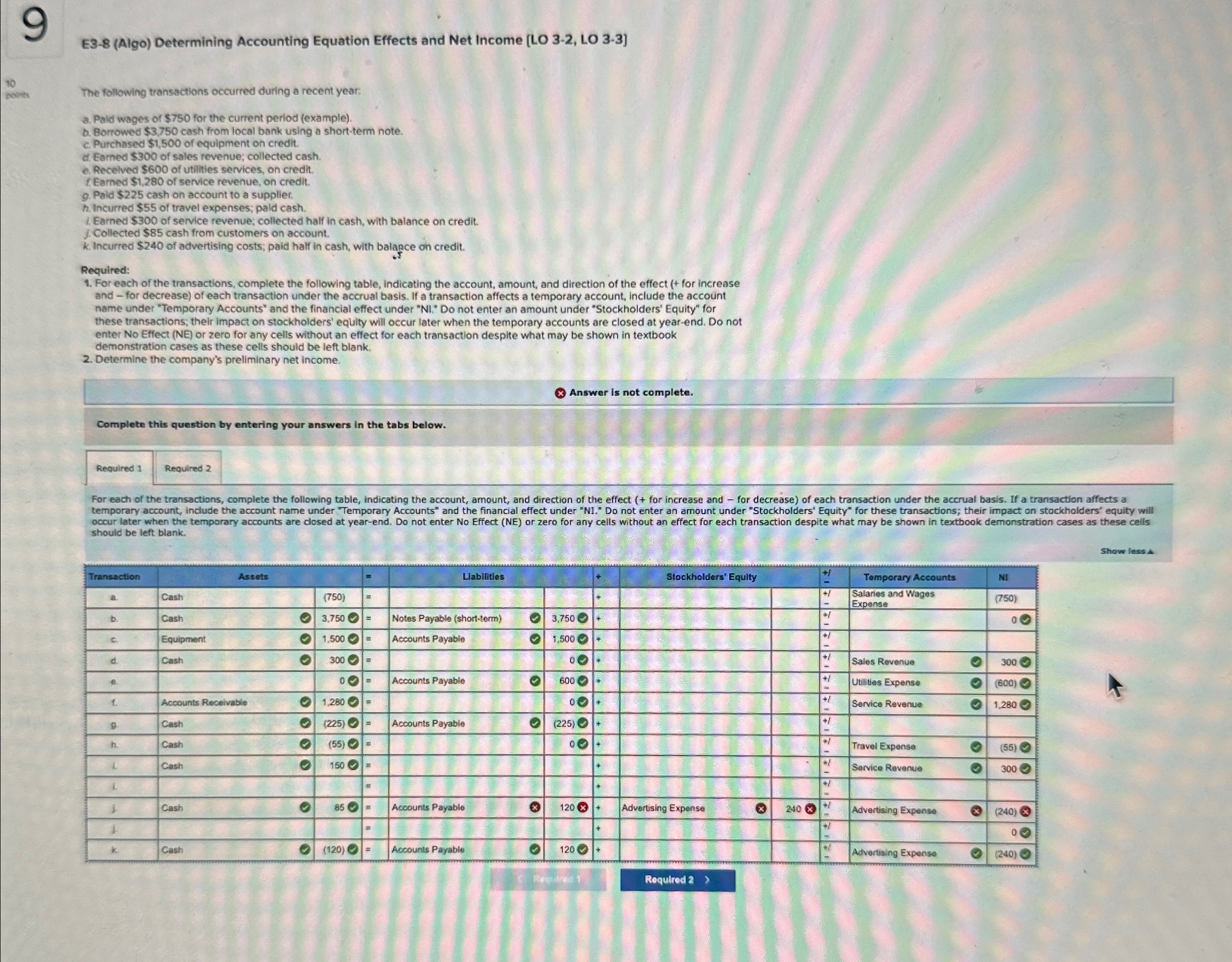  9 E3-8(Algo) Determining Accounting Equation Effects and Net Income [LO 3-2,