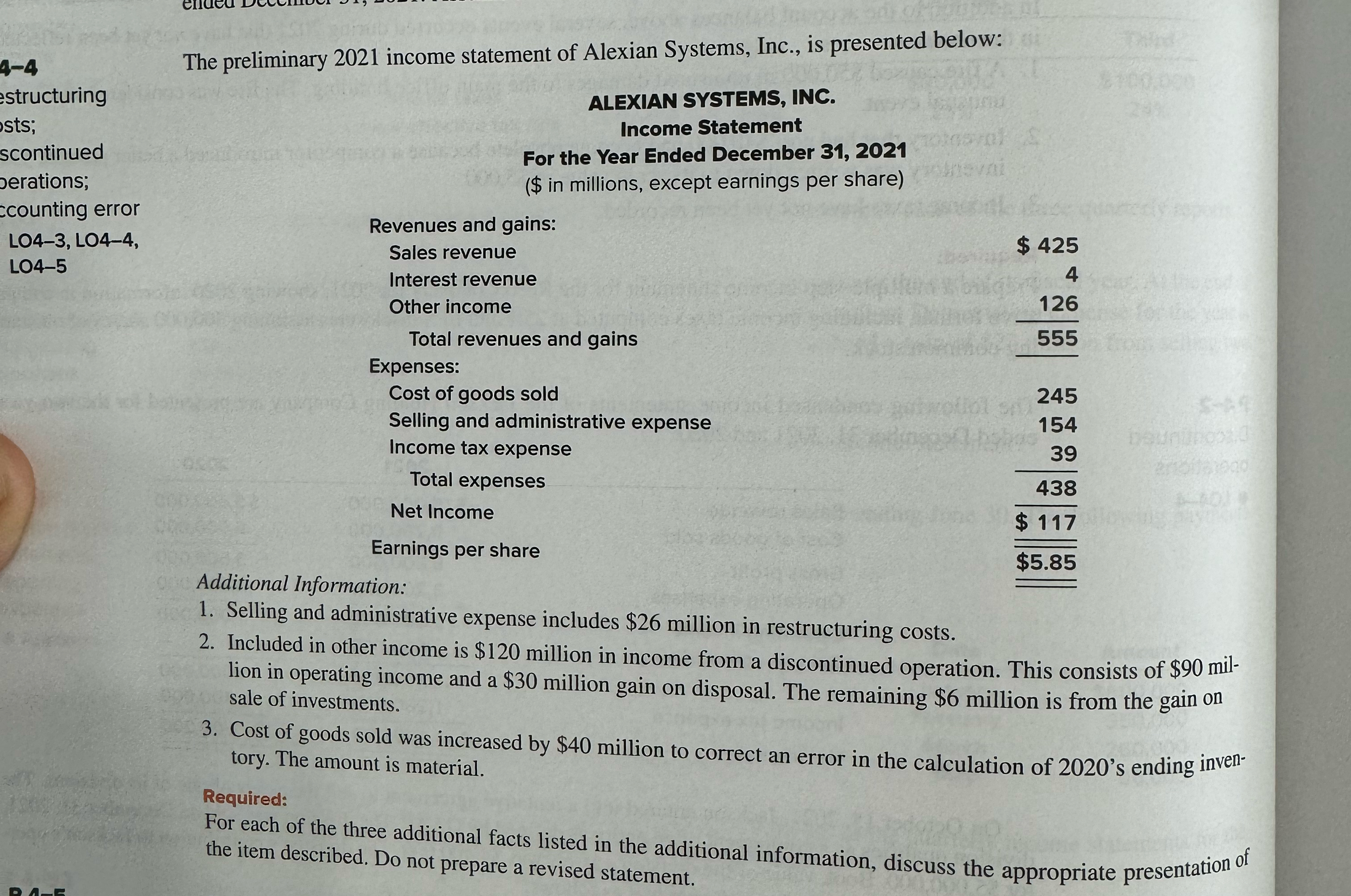 preliminary 2021 income statement of Alexian Systems, Inc., is presented below: ALEXIAN