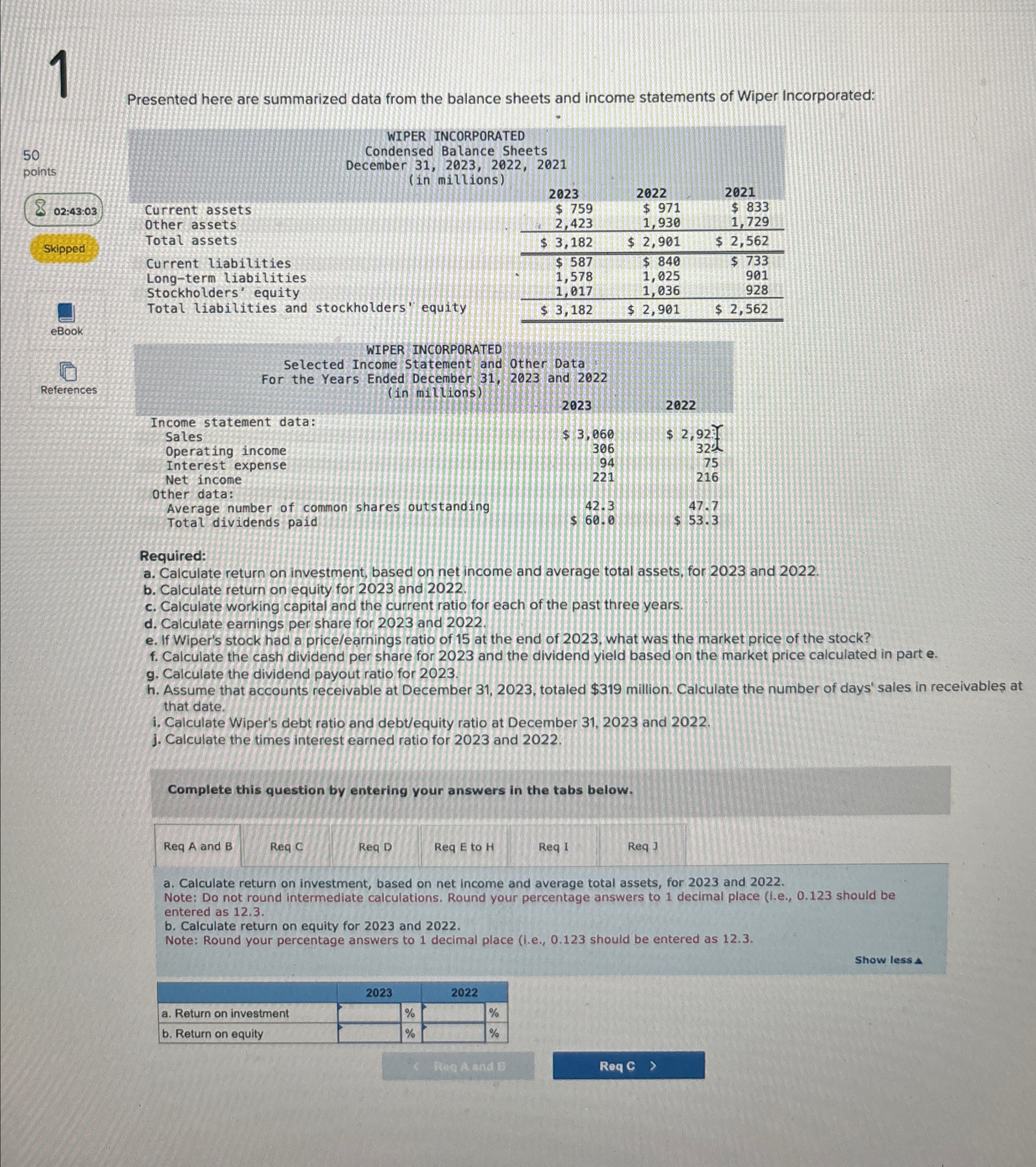  1 Presented here are summarized data from the balance sheets and