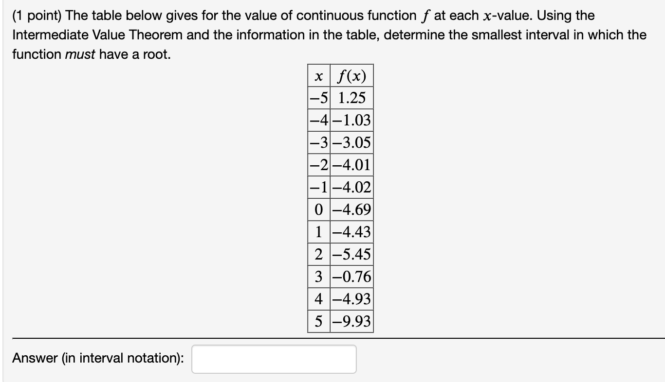 have a root. Answer (in interval notation): Using the Intermediate Value Theorem