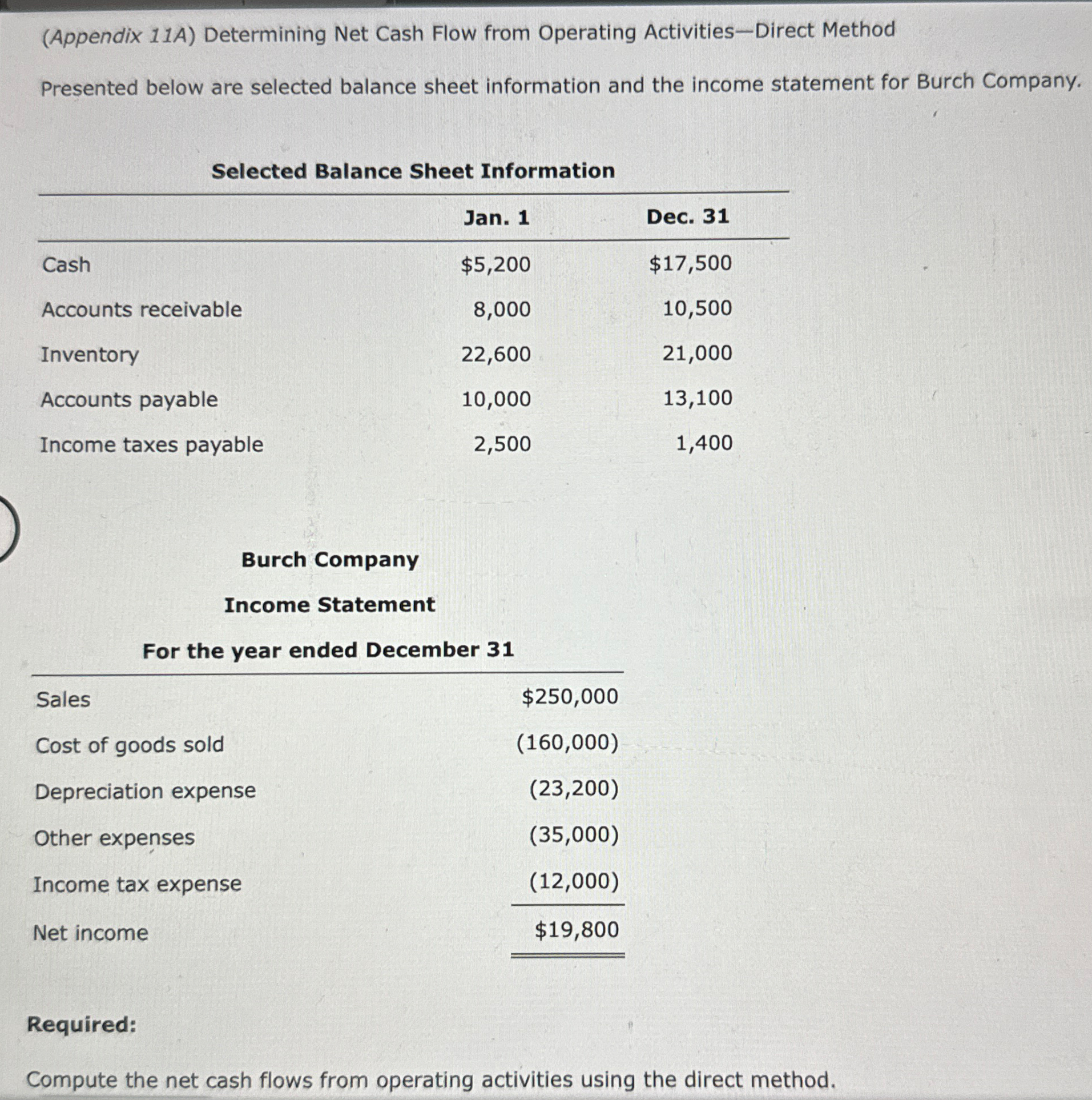 below are selected balance sheet information and the income statement for Burch