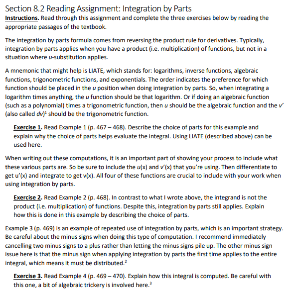  Section 8.2 Reading Assignment: Integration by PartsAnswer Only Exercise 1, 2,