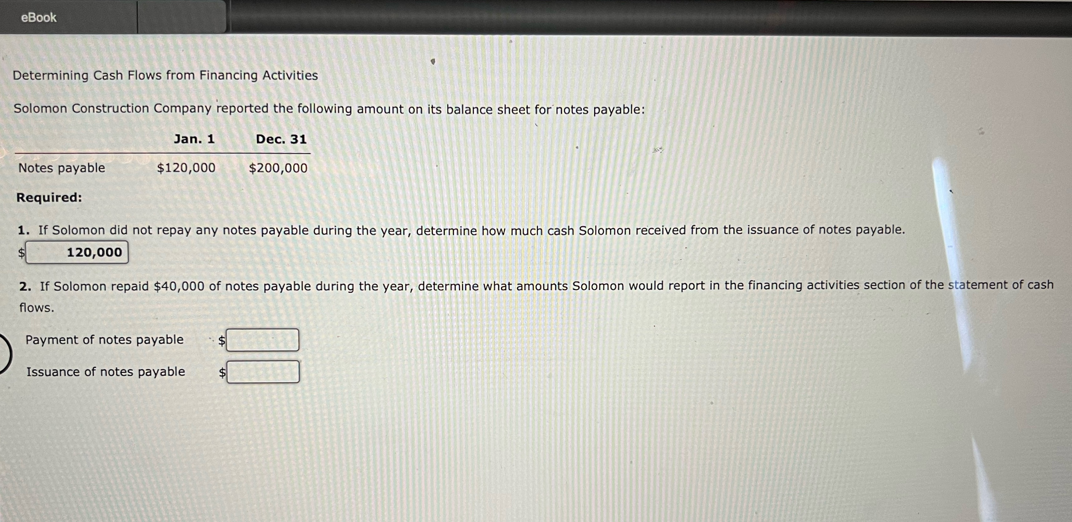 following amount on its balance sheet for notes payable: Jan. 1 $120,000