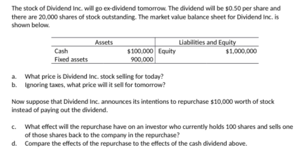 of Dividend Inc. will go ex-dividend tomorrow. The dividend will be $0.50