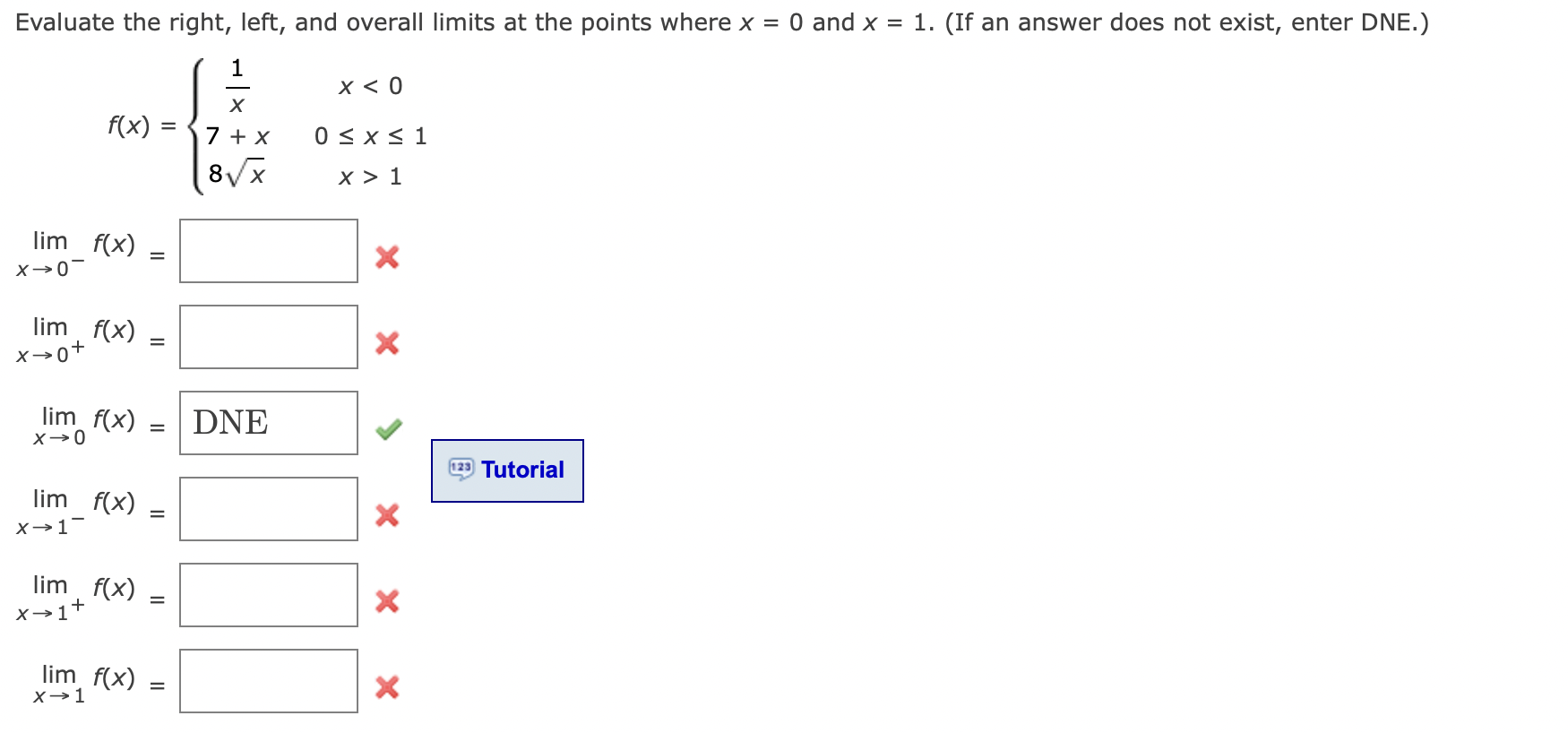 Evaluate the right, left, and overall limits at the points where