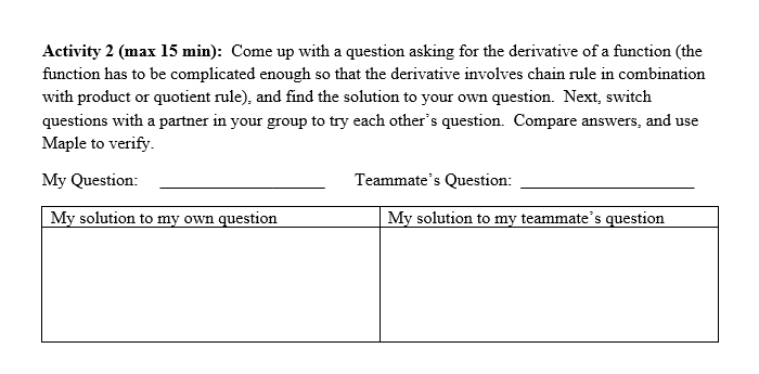 Thanks. (ignore the teammate question). Activity 2 (max 15 min): Come up