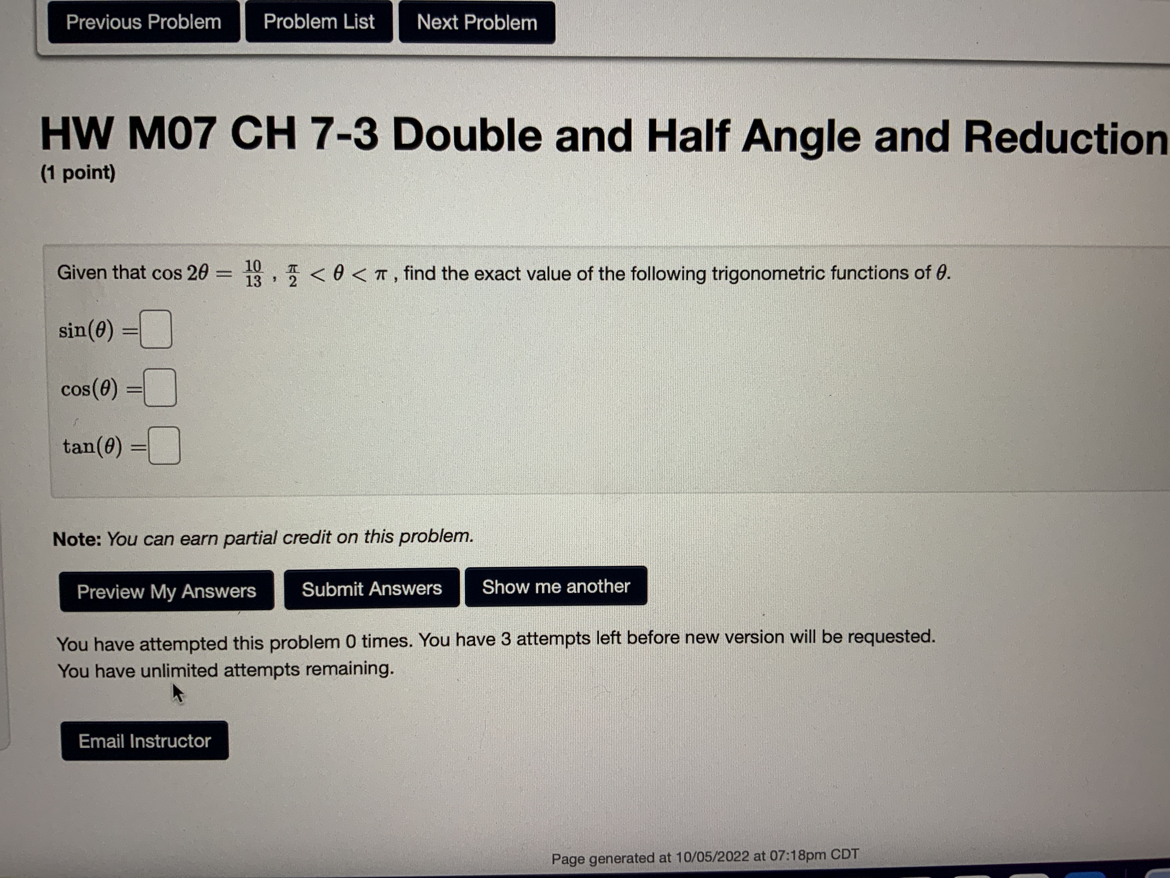 HW M07 CH 7-3 Double and Half Angle and Reductio (1 point)