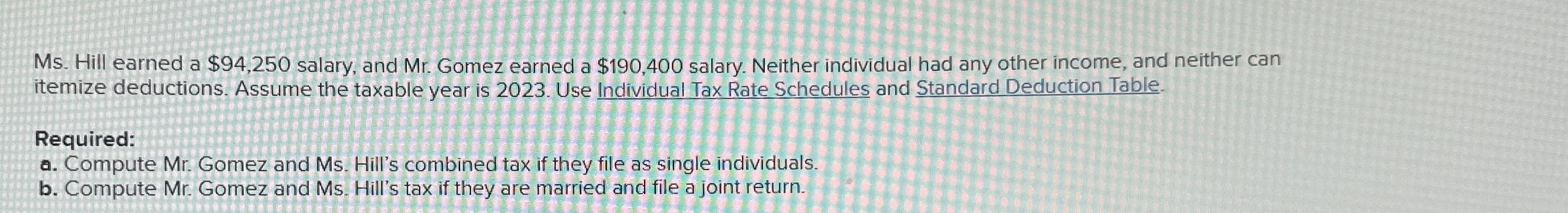 $190,400 salary. Neither individual had any other income, and neither can itemize