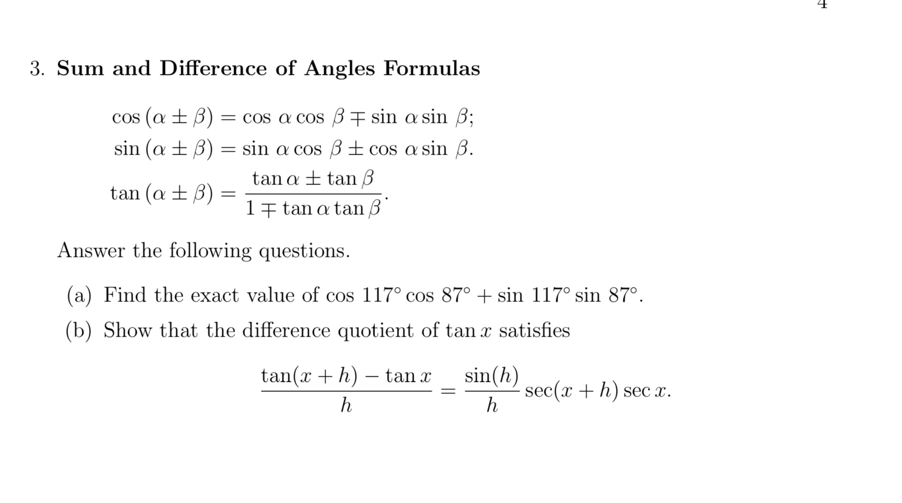  3. Sum and Difference of Angles Formulas cos (a + 3)