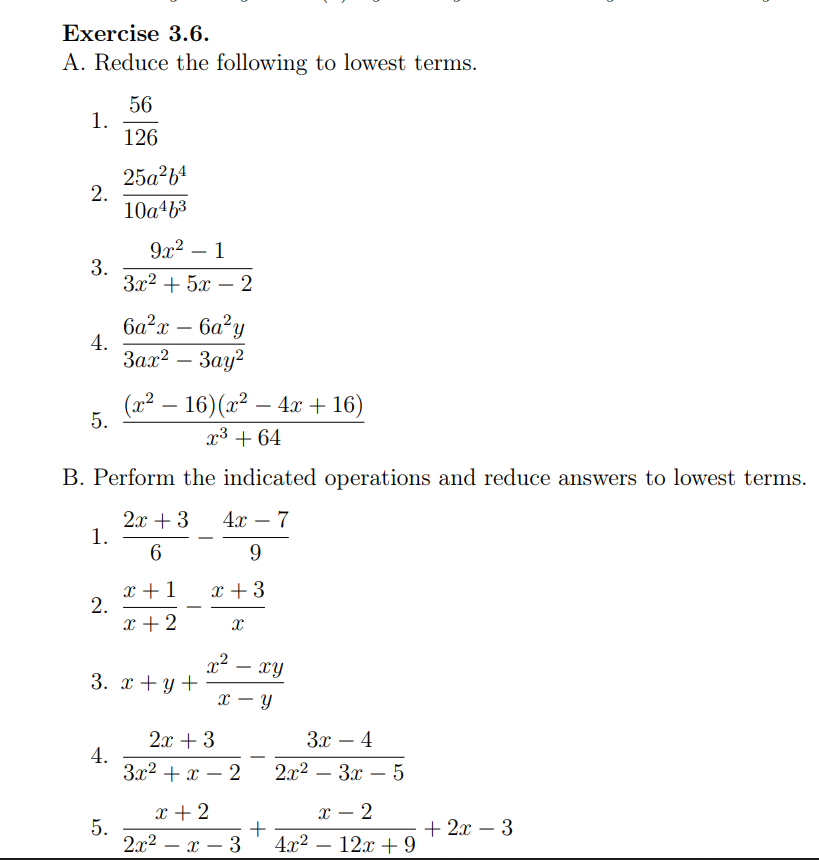 Solve each number. Show solution. Show explanations if possible. Exercise 3.6.