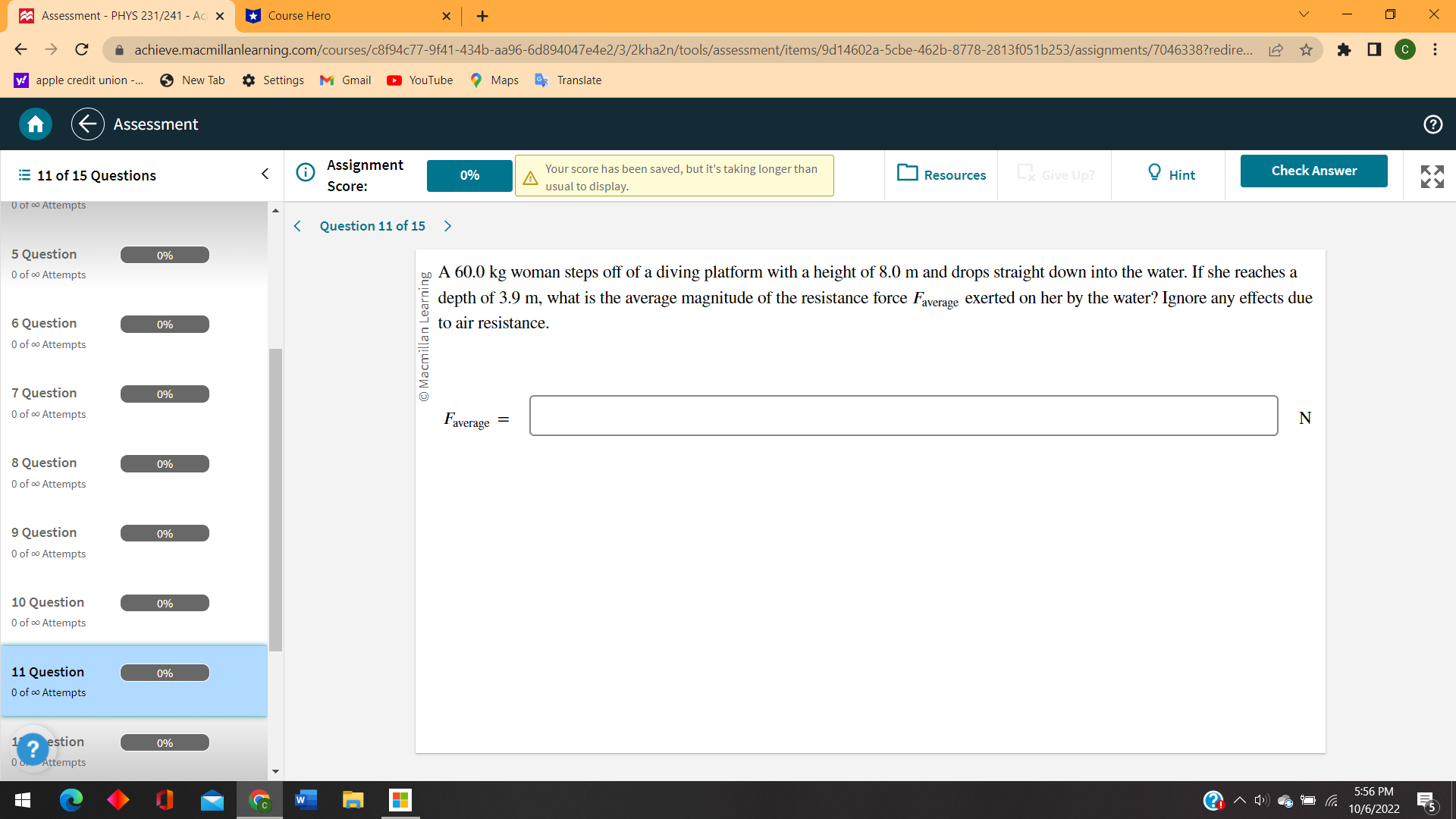 Assessment - PHYS 231/241 - Acl X Course Hero X +
