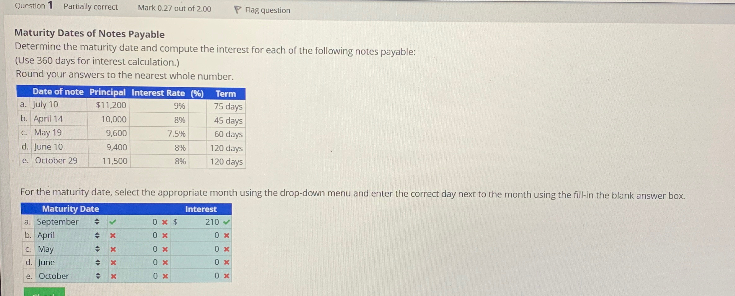 show your work. Thanks!! Question 1 Partially correct Mark 0.27 out of