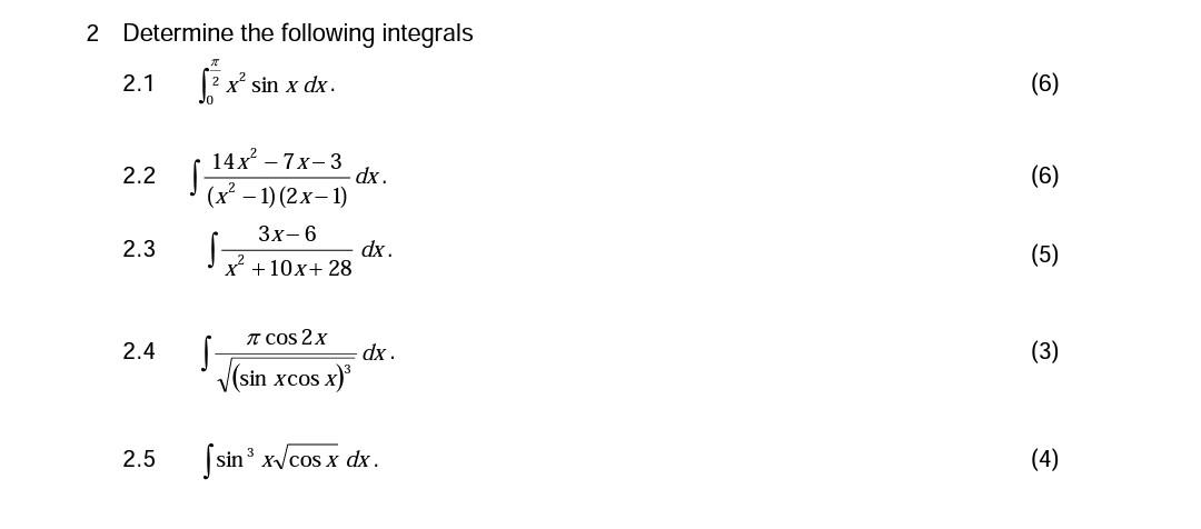 x dx. 14x2-7x 3 dx. x? IOX+ 28 zr cos 2 x