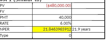 NPER ($480,000.00) 21.8463965912 21.9 years