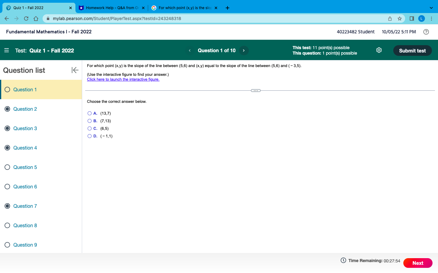 5:11 PM E Test: Quiz 1 - Fall 2022 Question 6 of