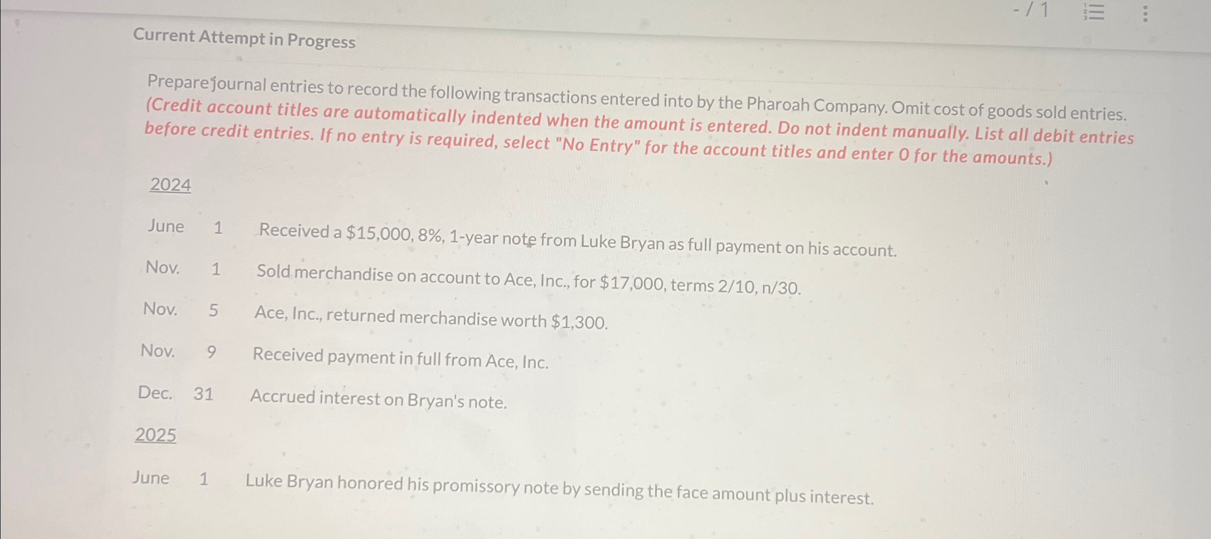 transactions entered into by the Pharoah Company. Omit cost of goods sold